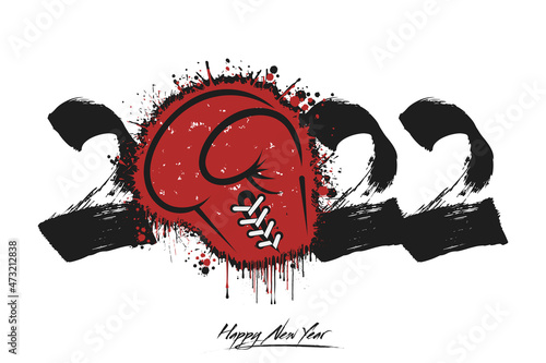 Numbers 2022 and a abstract boxing glove made of blots in grunge style. Design text logo Happy New Year 2022. Template for greeting card, banner, poster. Vector illustration on isolated background