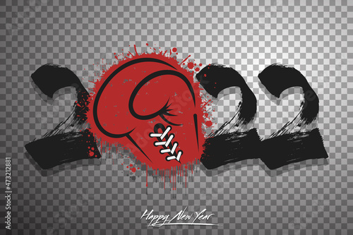 Numbers 2022 and a abstract boxing glove made of blots in grunge style. Design text logo Happy New Year 2022. Template for greeting card, banner, poster. Vector illustration on isolated background