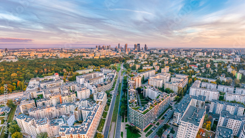 Aerial view of Warsaw distant city center at sunset from Wola