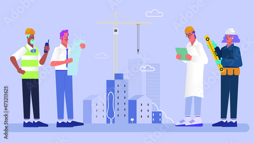 Set of builders and architects flat vector illustrations set. Architectural project planning, development and approval. Building industry concept. Characters in hard hats holding tools and blueprints
