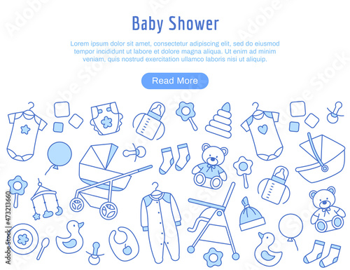 Baby shower invitation thin line background design. Beautiful web page with newborn birthday decoration elements. Adorable toy, balloon, clothing. Outline baby internet background vector illustration.