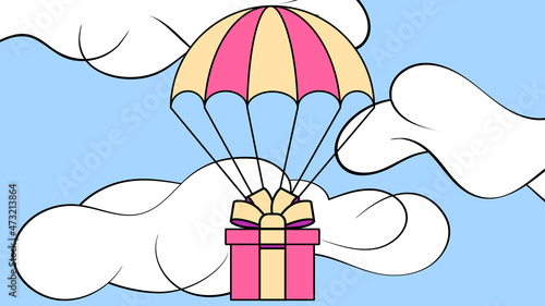 Parachute gift box and clouds