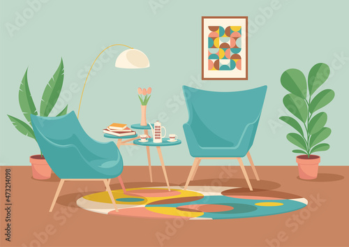 Modern midcentury interior with chairs, coffee table, lamp, carpet, poster, houseplants. Beautiful launge zone in living room. Trendy minimalistic comfortable home