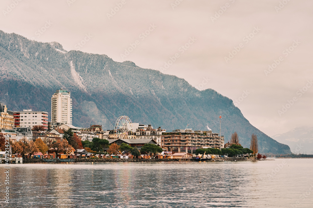 Winter landscape of Montreux city with installed Christmas market, Switzerland
