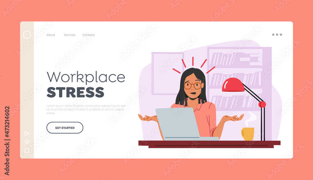 Workplace Stress Landing Page Template. Overloaded Confused Business Woman Sit at Laptop in Office. Deadline, Multitask