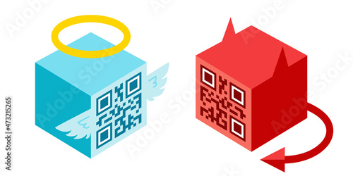 Vector illustration of a angel and devil in isometric style with QR code face.