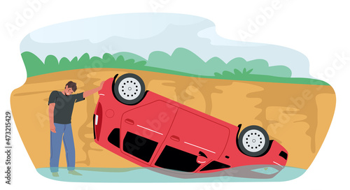 Sad Driver Stand near Broken Car Fall from Cliff into Water, Automobile Lying on Roof. Accident, Dangerous Situation,