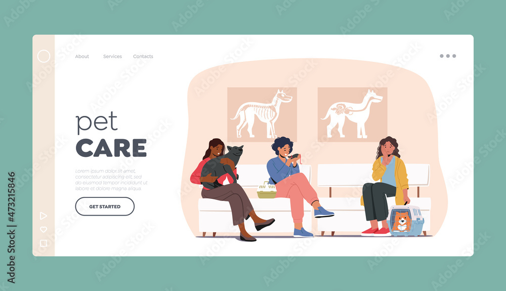 Pet Care Landing Page Template. People with Animals in Veterinary Clinic Sit on Chairs in Hospital Interior, Vet Clinic