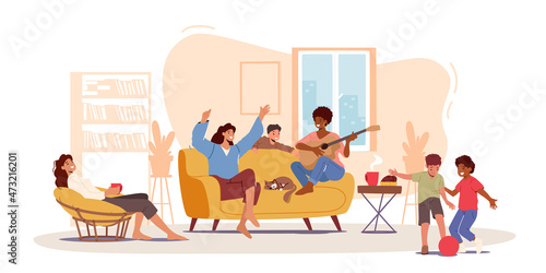 Moms Girlfriend at Home, Happy Family Characters Laughing, Playing Guitar, Mother, her Friends and Children Tell Stories