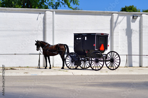 Obraz na plátně An Amish horse-drawn carriage or buggy tied to a hitching rail awaits its owner outside a store just off a highway and main street in a small northeastern Indiana community