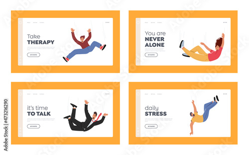 Falling Unhappy Characters Landing Page Template Set. Shocked People Fall Down due Stumbling, Slipping, Accident