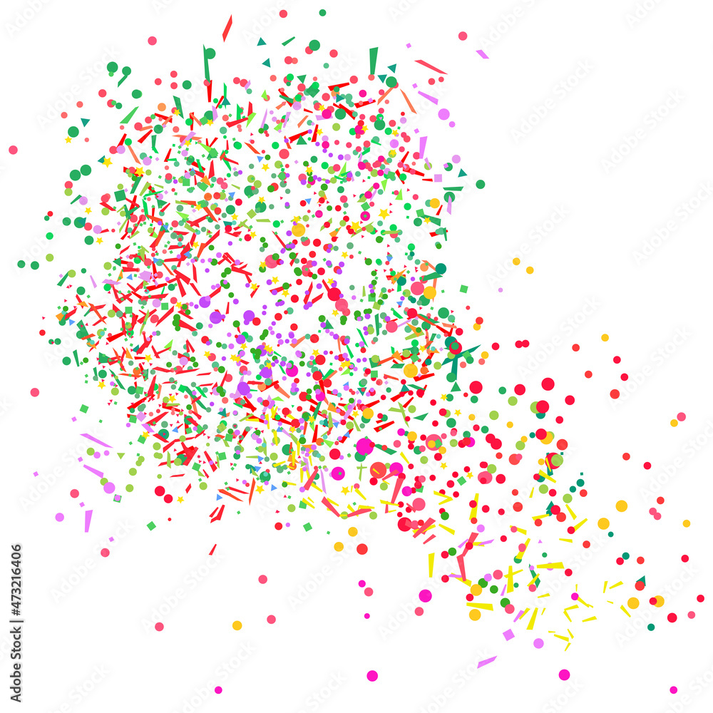 Obraz premium Colored circle pattern with geometric elements on white. Holiday background with confetti. Texture from glitters. Festive frame. Print for banners, posters, t-shirts and textiles. Greeting cards