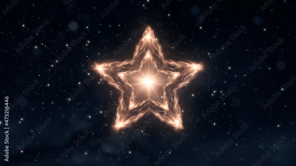 Dark festive background with gold star and snowflake, snow, abstract golden Christmas decoration with festive lights. New Year's abstraction, magical holiday atmosphere. 3d illustration. Dark festive background with gold star and snowflake, snow, abstract golden Christmas decoration with festive lights. New Year's abstraction, magical holiday atmosphere. 3d illustration.