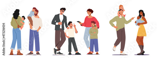 Set Loving Parents with Children, Mother and Father Caucasian and African Ethnicity Characters with Babies and Toddlers
