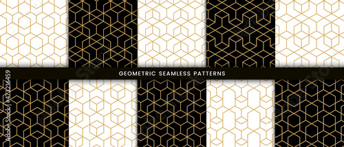  Set of geometric seamless pattern hexagonal shape. Luxury background with gold lines on black and white color