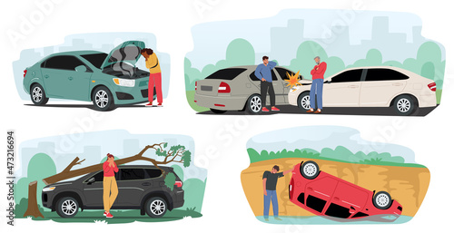 People in Car Accident on Road, Driver Characters Stand on Roadside with Broken Automobile, Open Hood and Steam