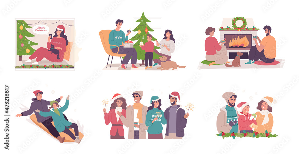 Naklejka premium Happy people celebration Christmas holiday cartoon vector illustration set
