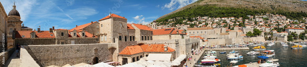 Panoramic view of Dubrovnik harbor, seen from the city wall