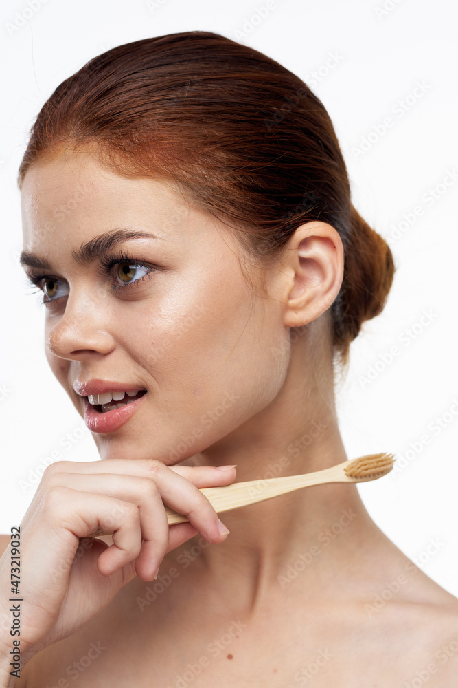 cheerful woman with bare shoulders toothbrushes hygiene oral care cheerful woman with bare shoulders toothbrushes hygiene oral care