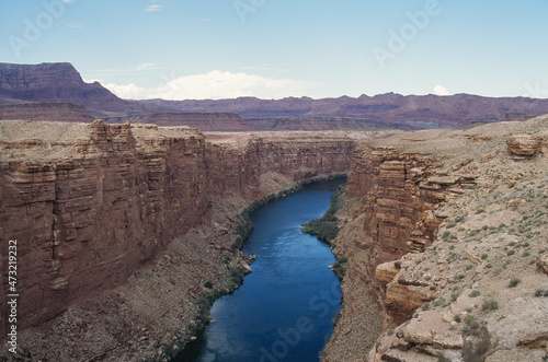 The Colorado River looks dark blue seen from the Navajo Bridge east of the Grand Canyon