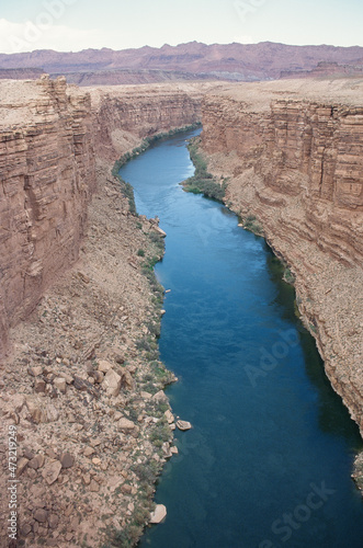 The Colorado River looking dark blue east of the Grand Canyon, seen from the Navajo Bridge