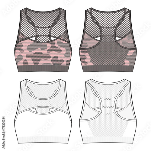 Women's  camo sport bra fashion vector sketch, Apparel template