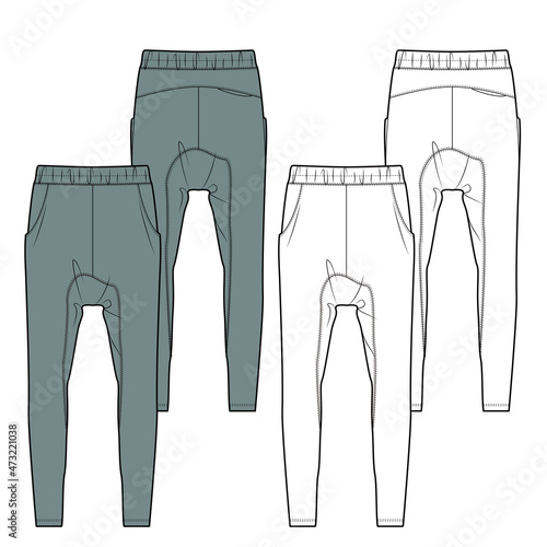 Men's  drop-crotch  pants fashion vector sketch, Apparel template