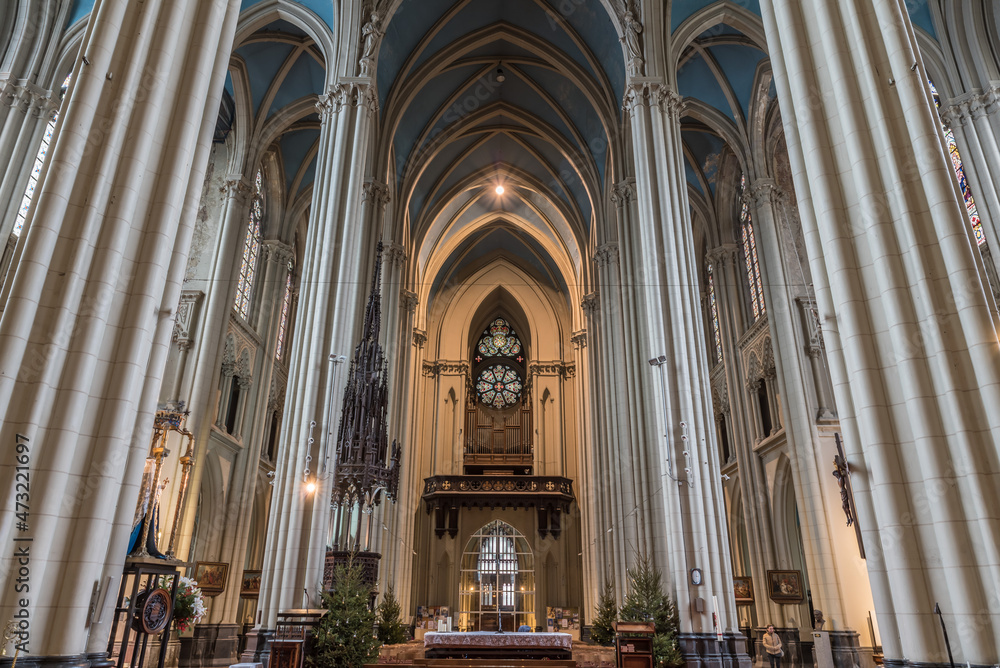Laeken Laken, Brussels Capital Region / Belgium - 09 13 2019: Neo-gothic interior design of the roman catholic church of Our Lady of Laeken