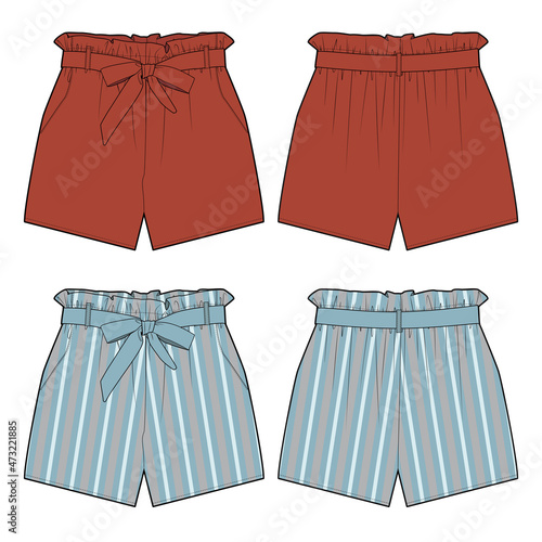 Women's paper bag shorts fashion vector sketch, Apparel template