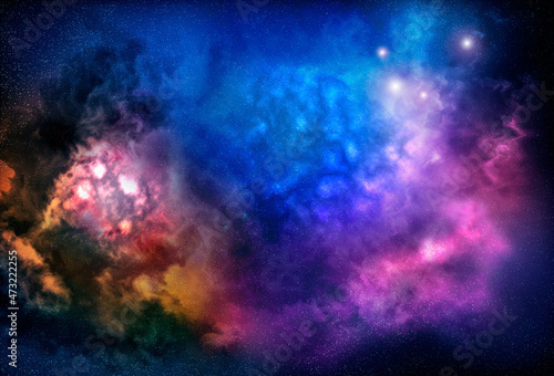 Nebula in outer space, planets and galaxy.