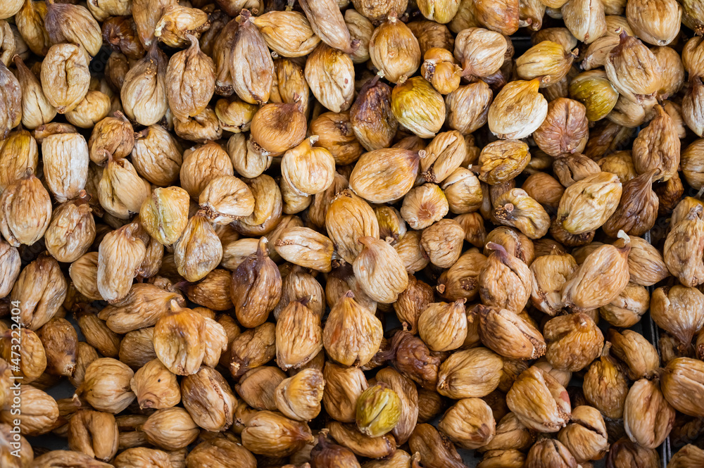 Top view of the shelf with dried figs in the bazaar. Top view of the shelf with dried figs in the bazaar.