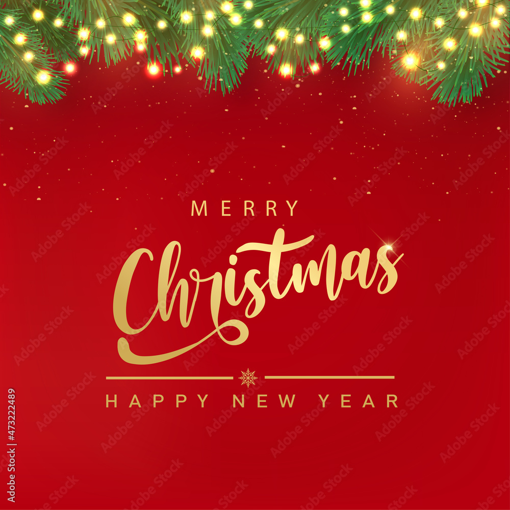 Merry christmas card with golden text and pine tree border. Vector.
