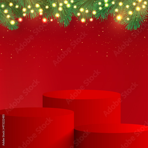 Happy New Year background with red podium and paper pine frame. Vector.