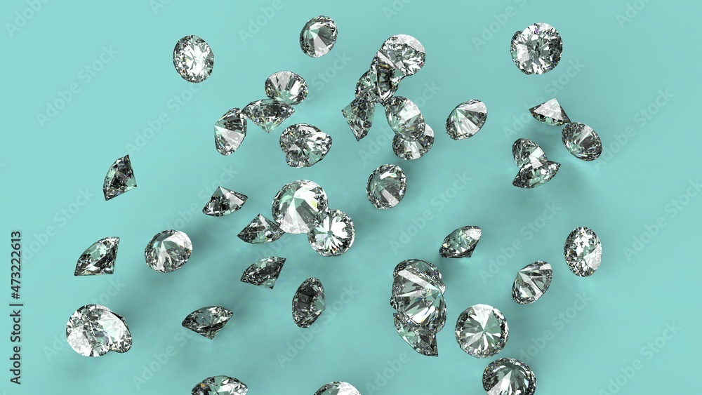Shiny Diamonds falling under light green lighting. 3D illustration. 3D CG. 3D high quality rendering. Shiny Diamonds falling under light green lighting. 3D illustration. 3D CG. 3D high quality rendering.