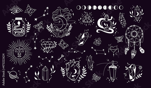 Mystic and astrology, witch magic symbols doodle set. Esoteric, boho hand drawn occult icon elements, magic witchcraft crystal, moon, dreamcatcher sign. Tattoo fantasy vector isolated dark background