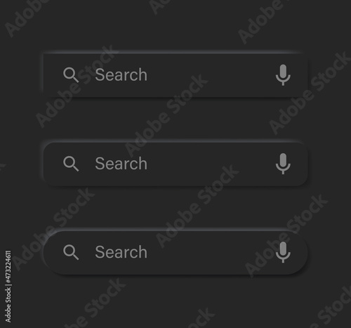 Search bar frame with microphone voice icon in black neumorphism buttons with shadow - Search boxes window with mic icon in black neumorphic button