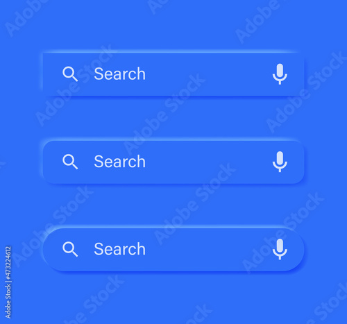 Search bar frame with microphone voice icon in blue neumorphism buttons with shadow - Search boxes window with mic icon in blue neumorphic button