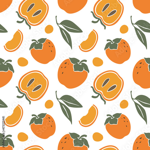 Cute persimmon seamless pattern. Bright fruits, lobules and leaves in cartoon style. Vector flat hand drawn illustration