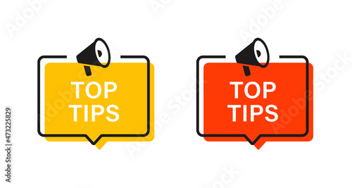 top tips speech bubble frame with megaphone icon - Loudspeaker banner with with chat bubble - quick tips banners