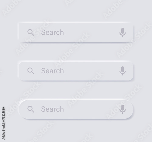 Search bar frame with microphone voice icon in white neumorphism buttons with shadow - Search boxes window with mic icon in white neumorphic button