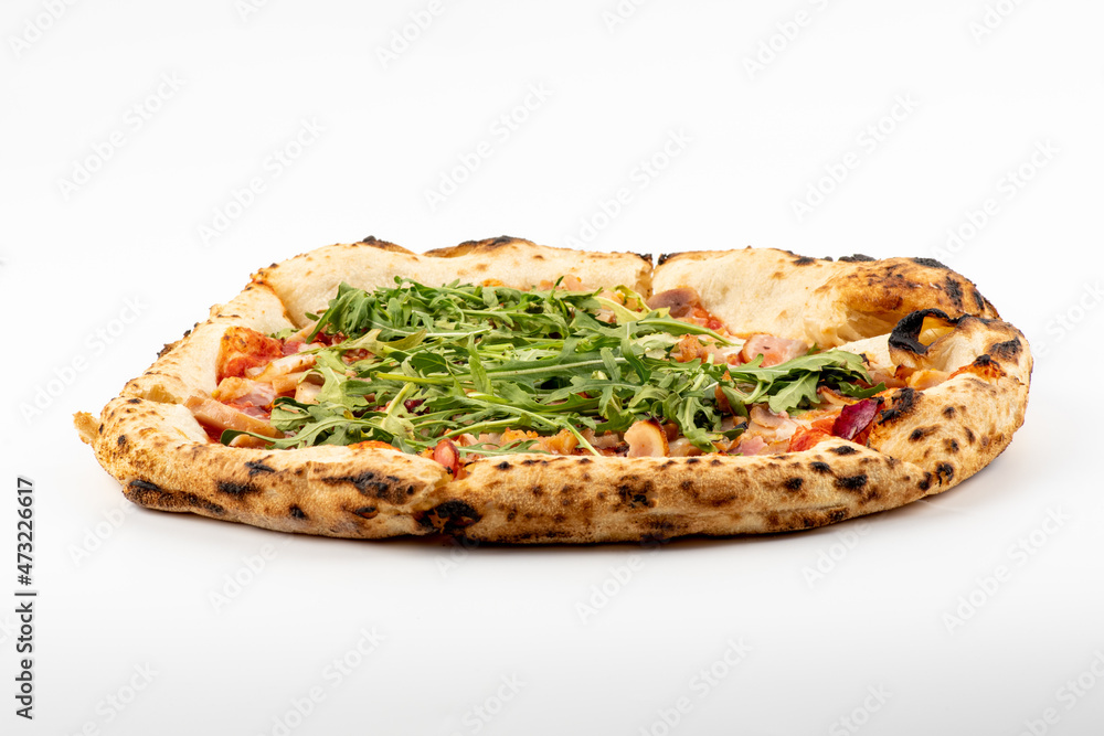 Pizza on white background. Italian pizza, isolated on white background. Tasty pizza with vegetables and arugula isolated on white