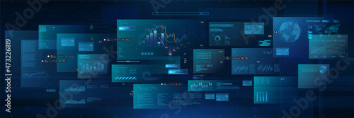 Modern cyberspace with UI and HUD. Modern Business Background with graphic, charts, infographic, big data and indicators. Modern Economics and Big Data Analysis. HUD business background. Vector
