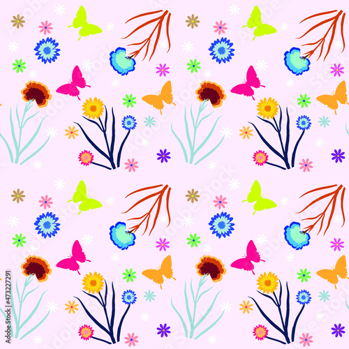 Vector butterfly with flower pattern background. Seamless butterfly pattern for fashion design, fabric design and wrapping paper background. Repeated pattern background. Vector art.