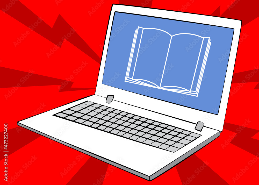 Laptop with E-book icon on the screen. Vector cartoon illustration. Laptop with E-book icon on the screen. Vector cartoon illustration.
