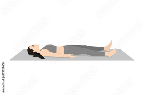 Corpse Pose, Prasarita Balasana, Beautiful girl practice Savasana. Young attractive woman practicing yoga exercise. working out, black wearing sportswear, grey pants and top, indoor full length photo