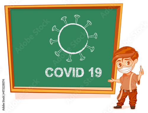Schoolboy boy stand green chalkboard showing covid 19 virus. Student in protective medical mask in lesson