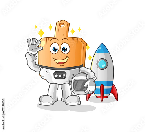 wooden placemat astronaut waving character. cartoon mascot vector