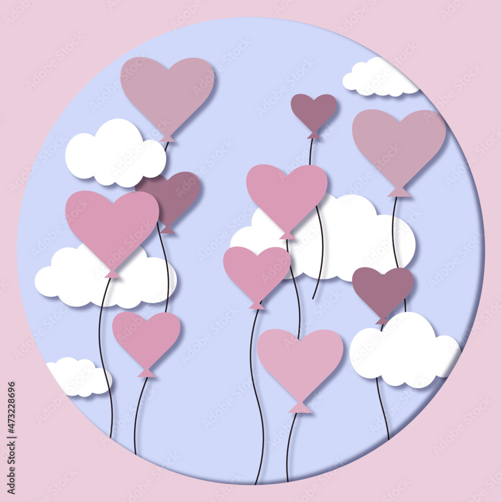 postcard in paper style heart in clouds