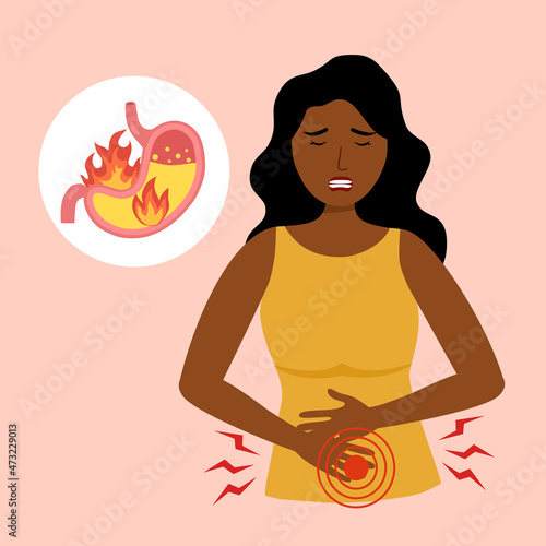 African woman feel pain in stomach vector illustration. Stomach acid reflux disease and digestive system problem. Heartburn concept.