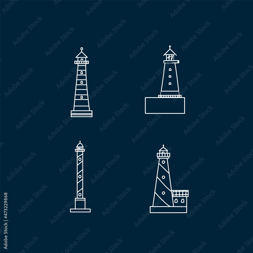 The lighthouse building set is in line. Marine houses by the sea. Doodle of a building with a lantern for design. Vector illustration